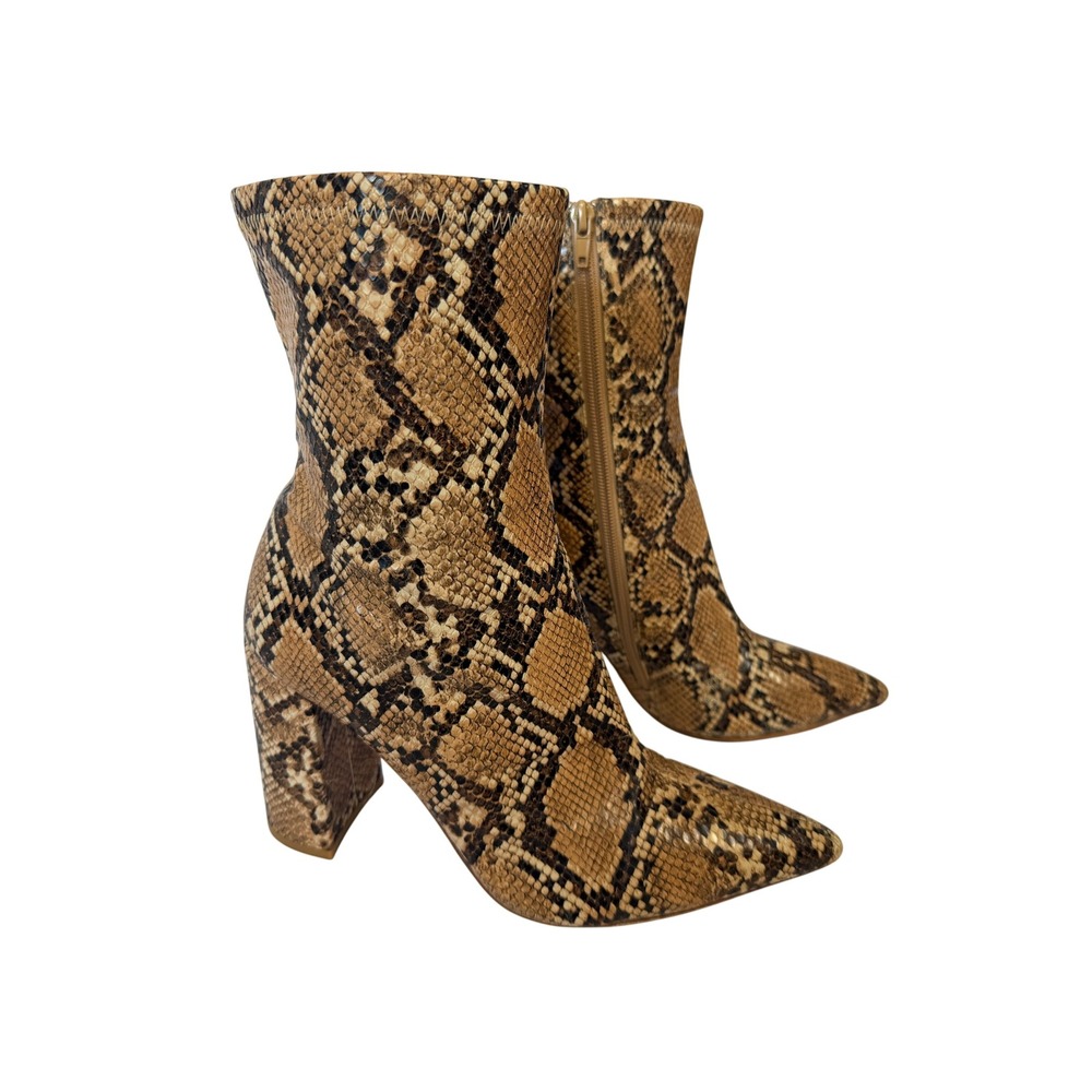 Jeffrey Campbell Siren-3 Snakeskin Ankle Boots Brown Pointed Toe Block Heel 8.5